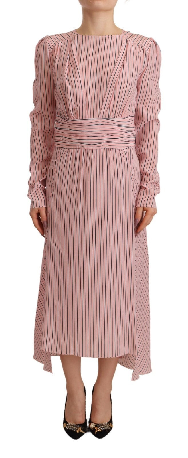 Pink Stripes Long Sleeves Sheath Midi Dress