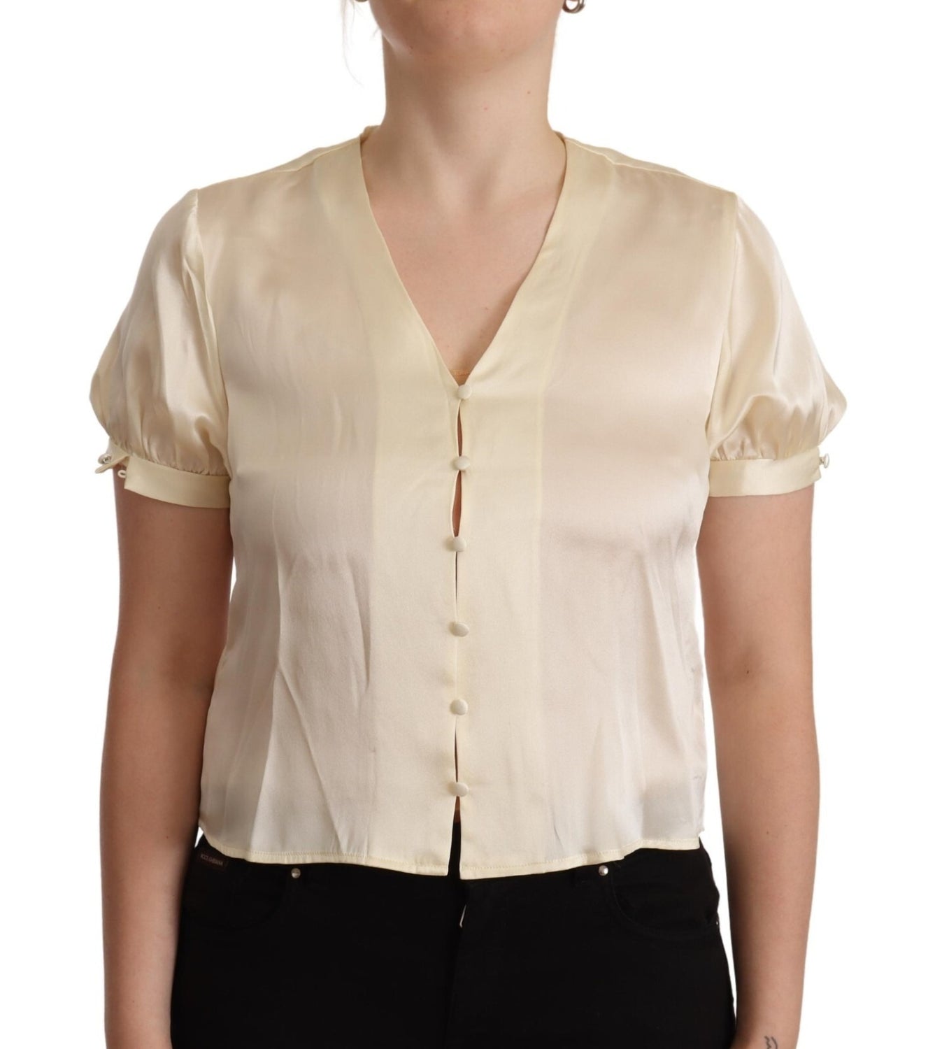 Blouse Off White Silk Short Sleeves V-neck Top