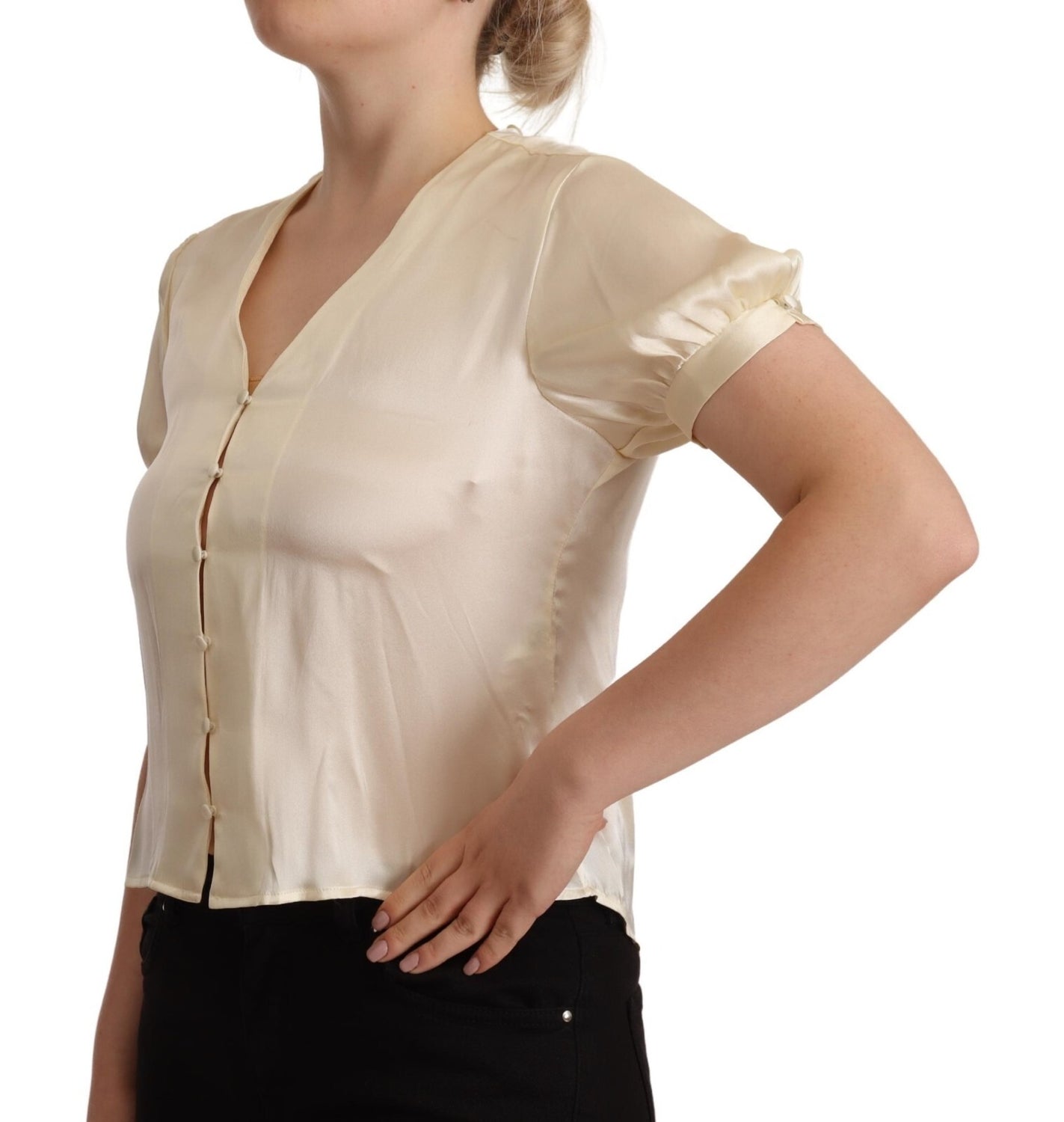 Blouse Off White Silk Short Sleeves V-neck Top