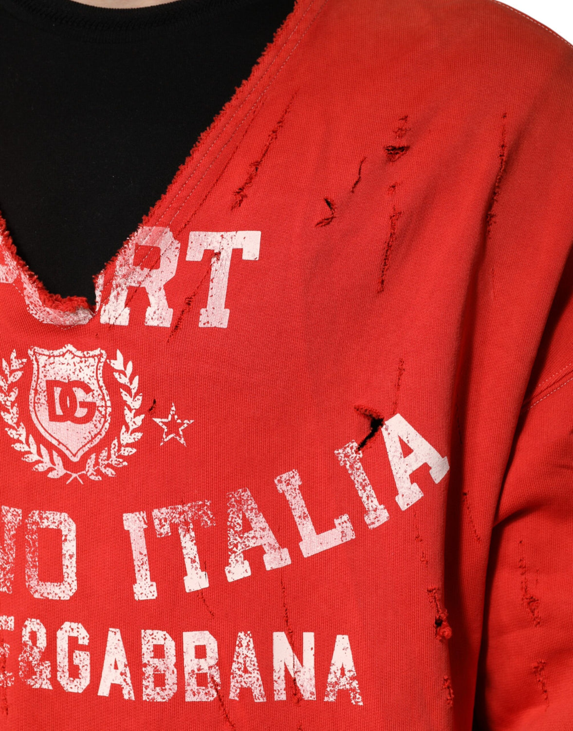 Red Distressed Cotton V-Neck Sweatshirt Men  Sweater