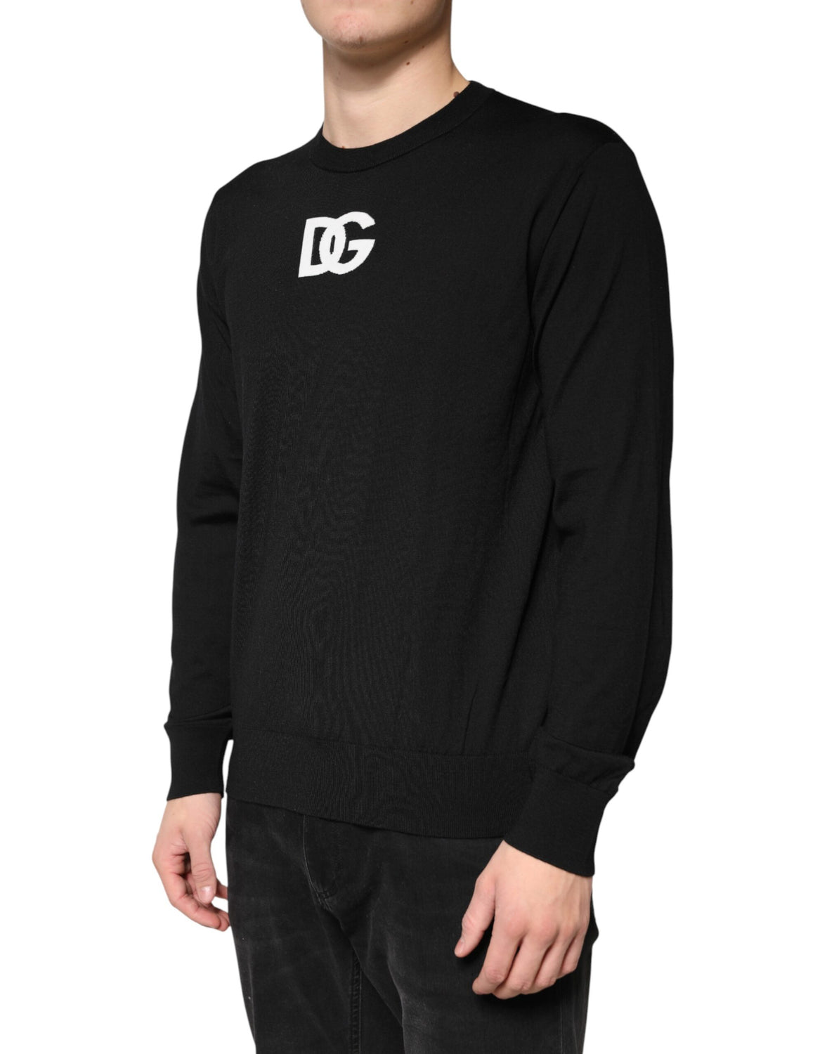 Black Wool DG Crew Neck Men Pullover Sweater