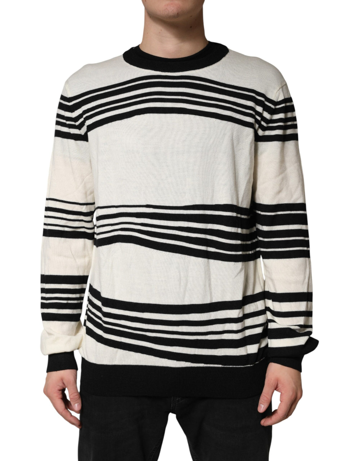 Black White Stripe CrewNeck Pullover Sweater