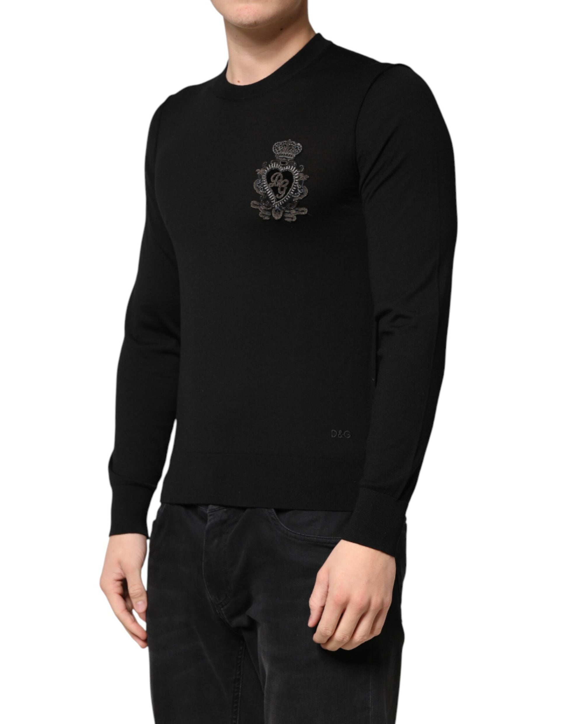 Black Crest Wool Crew Neck Pullover  Sweater