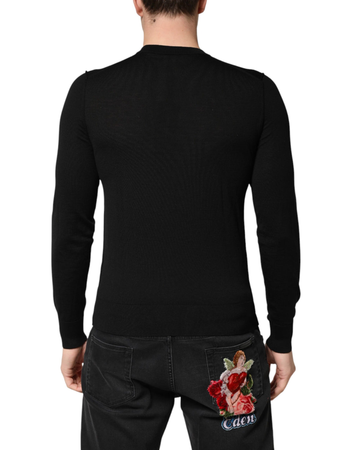 Black Crest Wool Crew Neck Pullover  Sweater