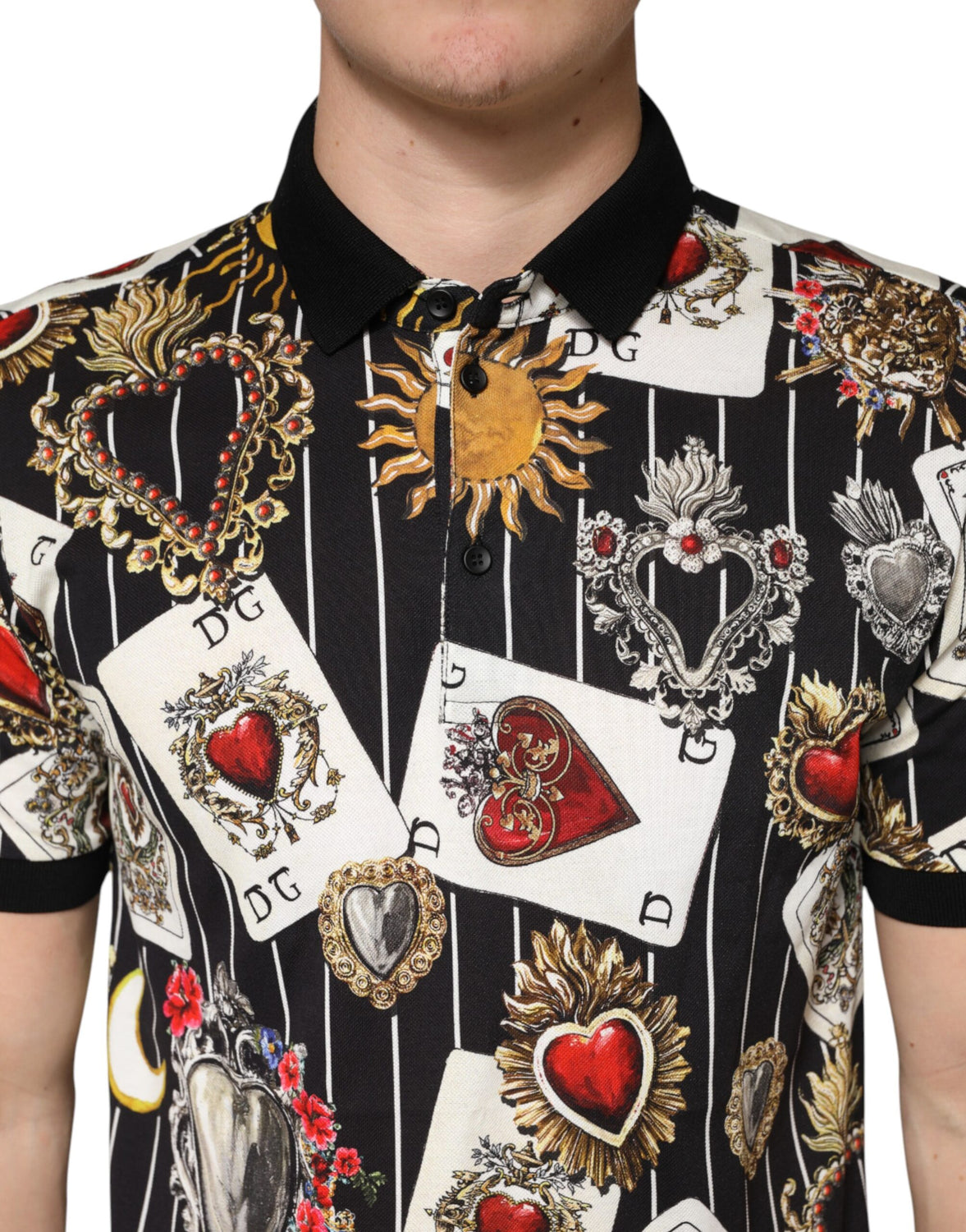 Black Card Heart Print Cotton Polo T-shirt