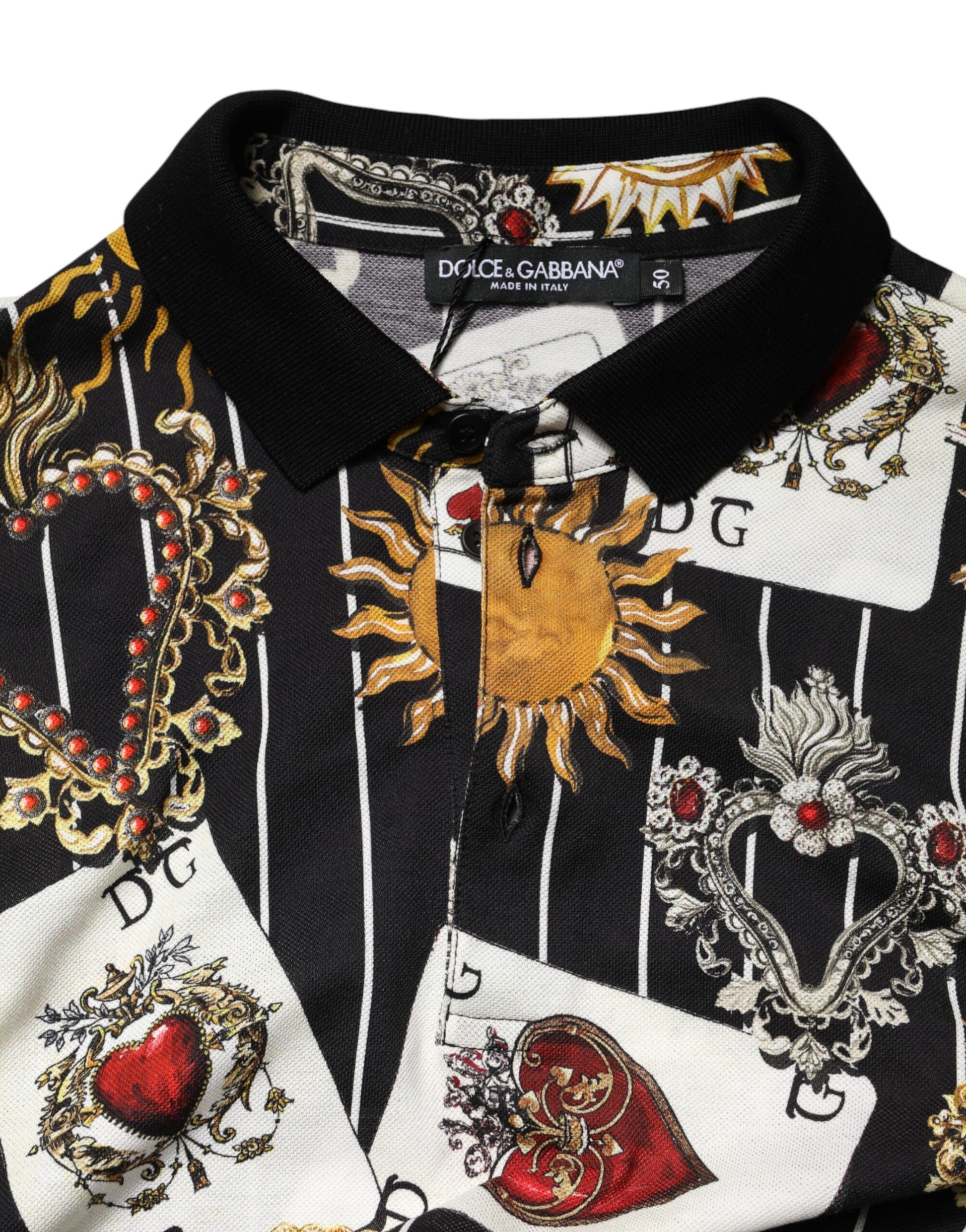 Black Card Heart Print Cotton Polo T-shirt