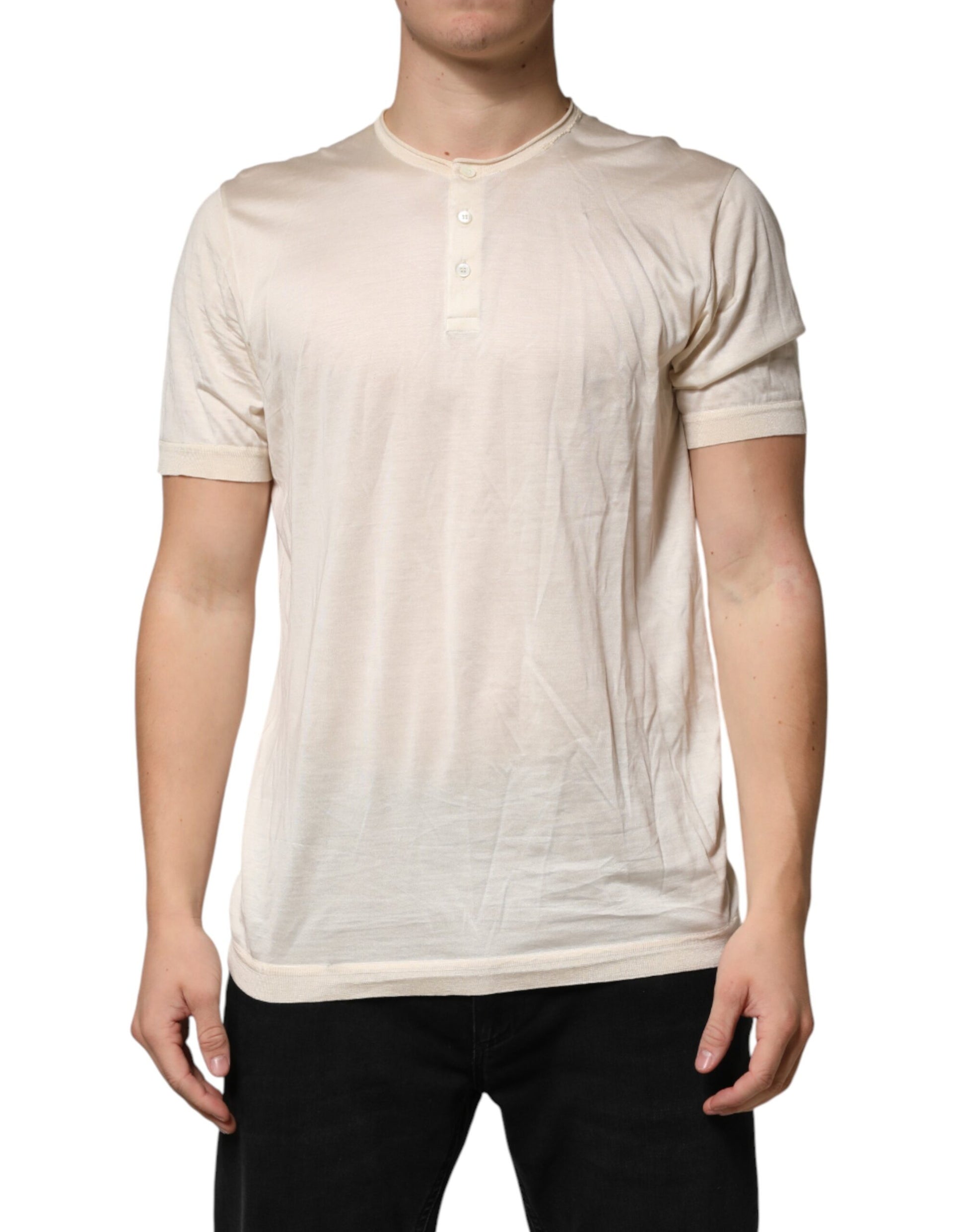 Off White Cotton Blend Men Henley T-shirt