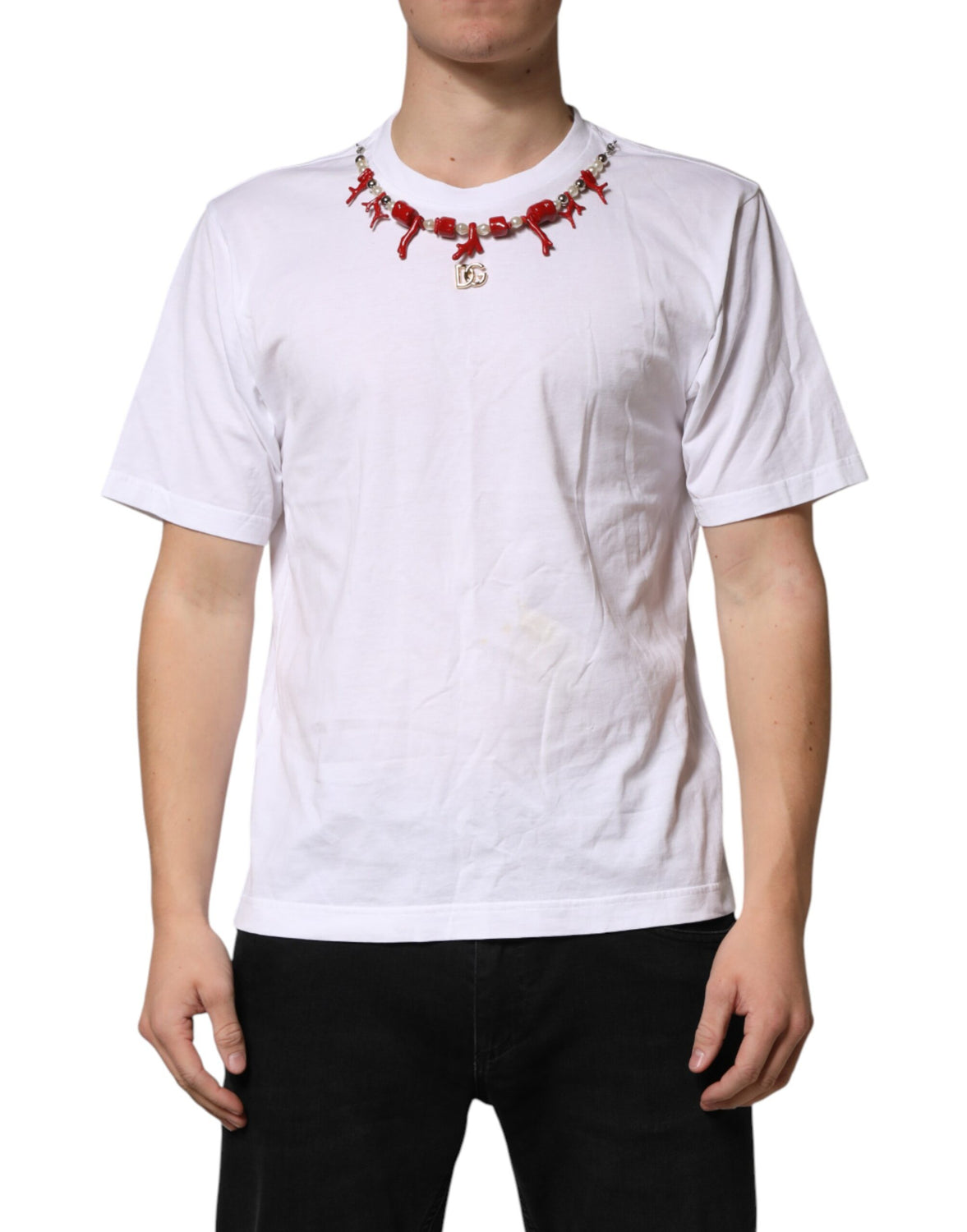 White Cotton Necklace Embellished T-shirt