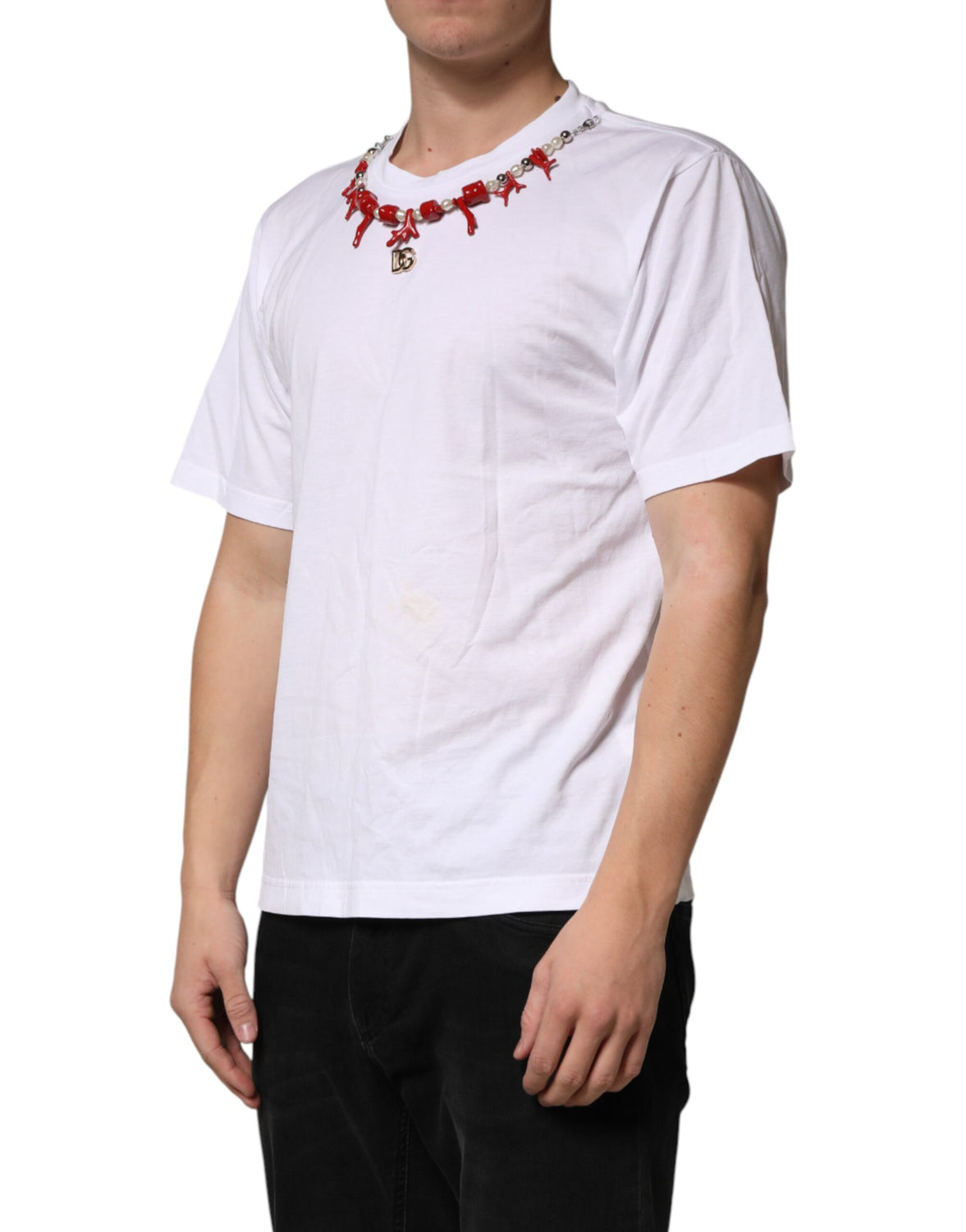 White Cotton Necklace Embellished T-shirt