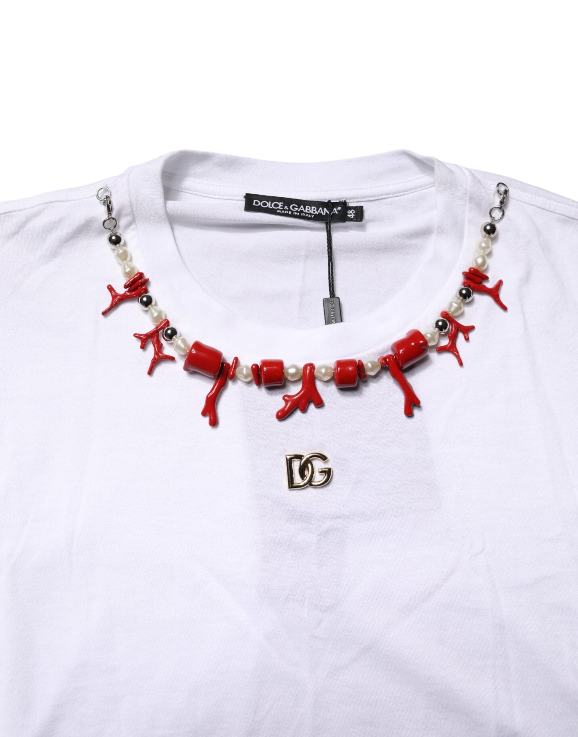 White Cotton Necklace Embellished T-shirt