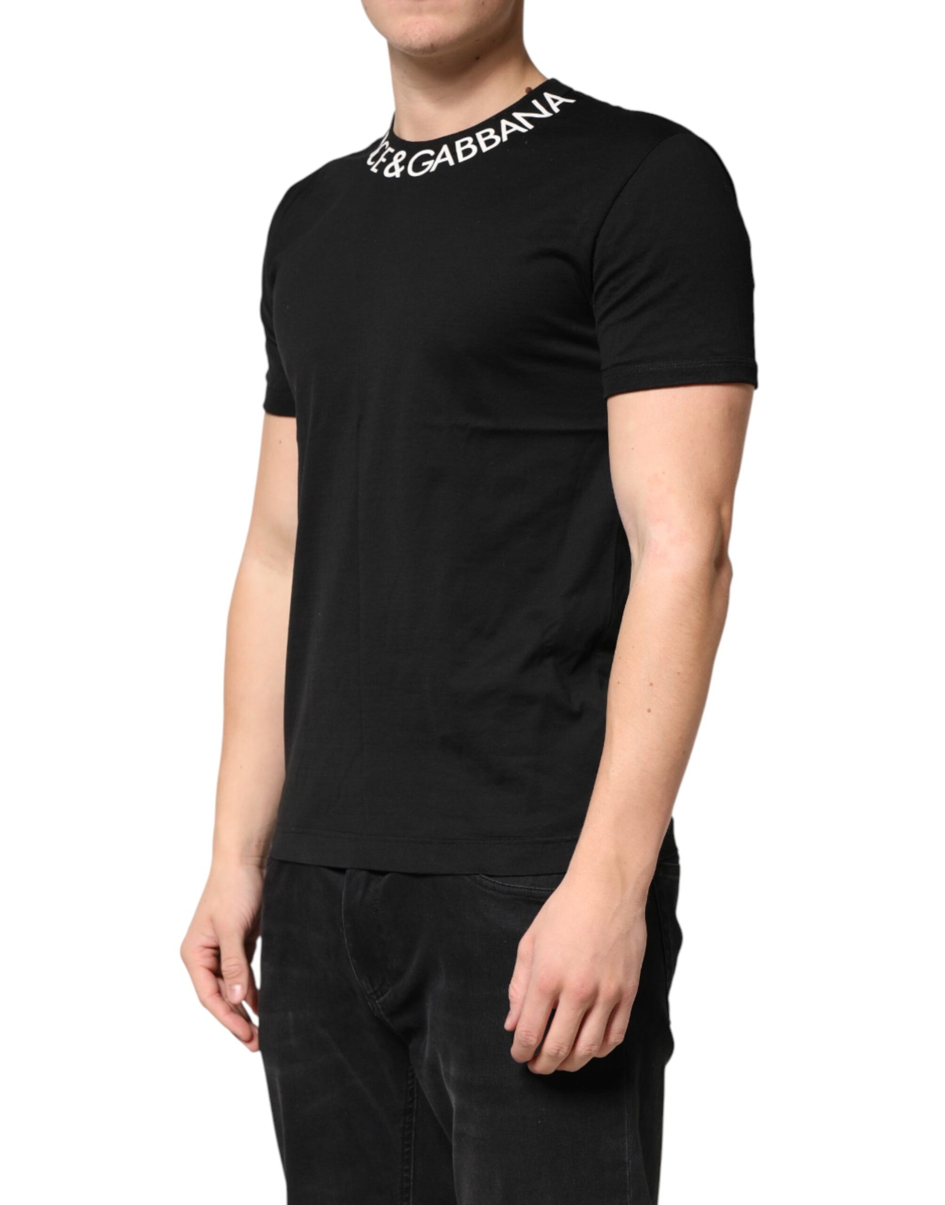 Black Logo Print Cotton Crewneck Men T-shirt