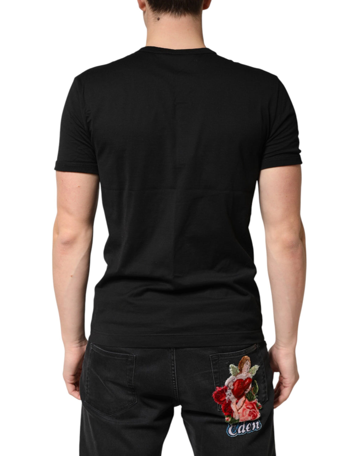 Black Logo Print Cotton Crewneck Men T-shirt