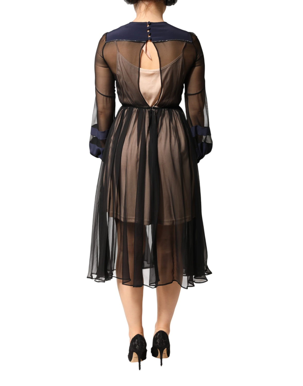 Blue Long Sleeves Sheer Silk Sheath A-line Midi Dress