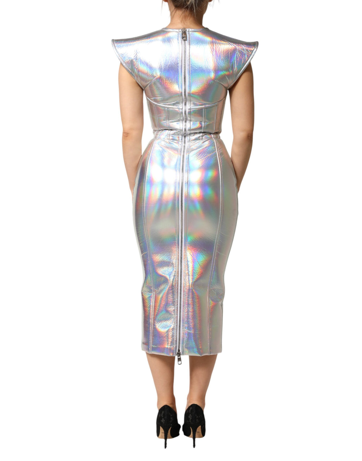 Silver Iridescent Bodycon Sheath Midi Dress