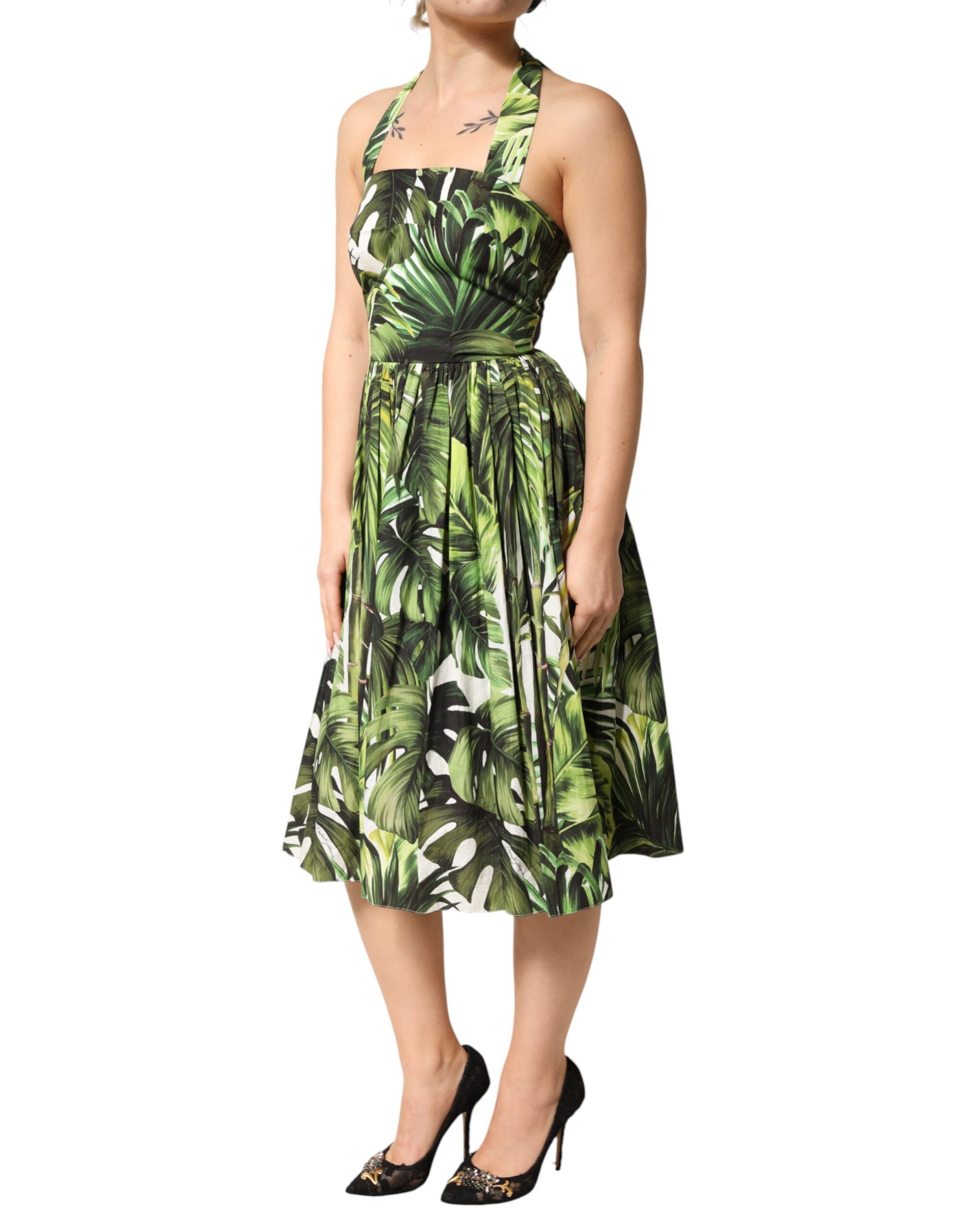 Green Leaves Print Cotton Halter Midi Dress