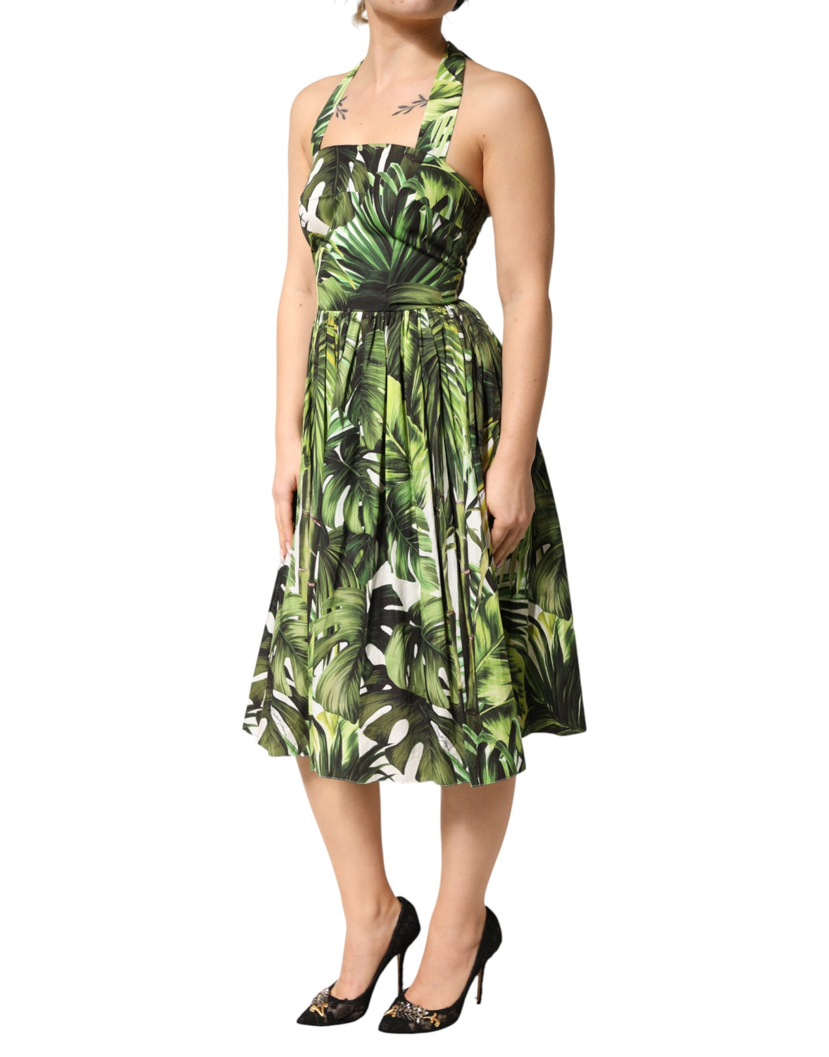 Green Leaves Print Cotton Halter Midi Dress