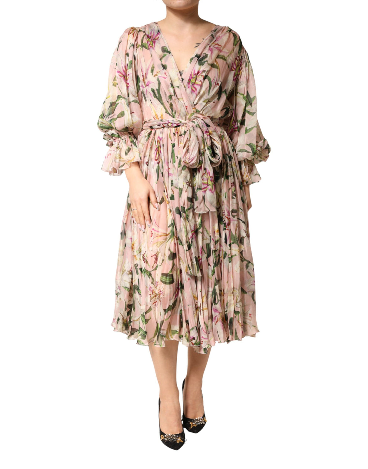 Pink Lily Print A-line Pleated Maxi Dress