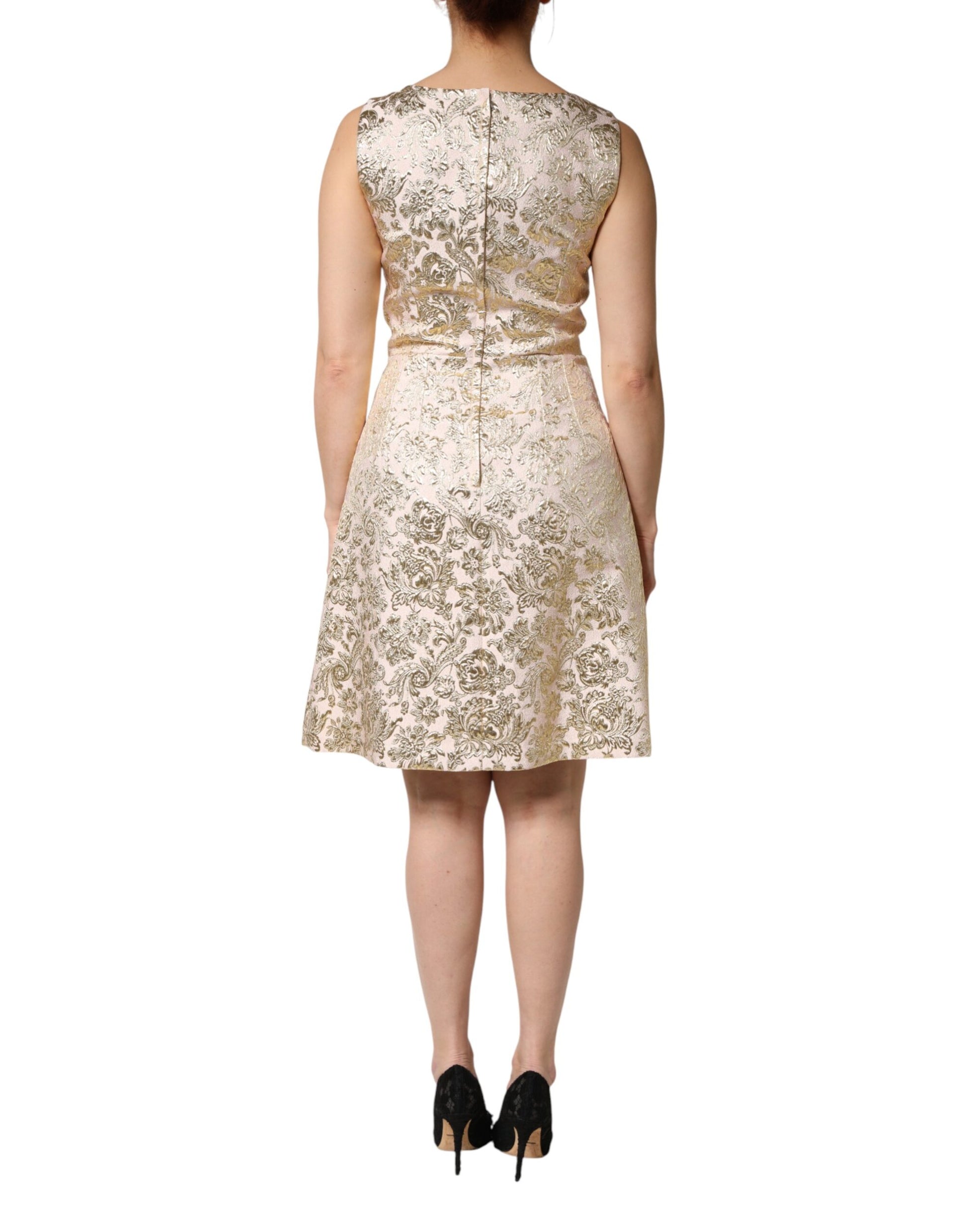 Beige Gold Floral Brocade Sleeveless Dress
