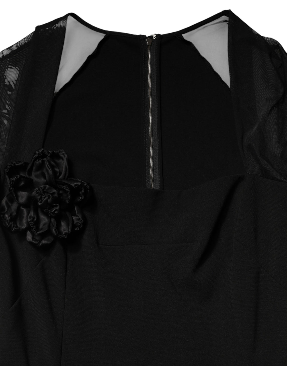 Black Sheer Yoke Rosette Sheath Midi Dress