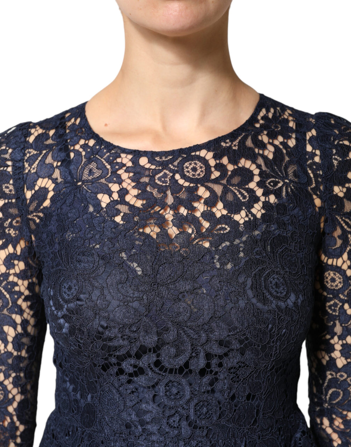 Blue Lace Ruffle A-line Knee Length Dress