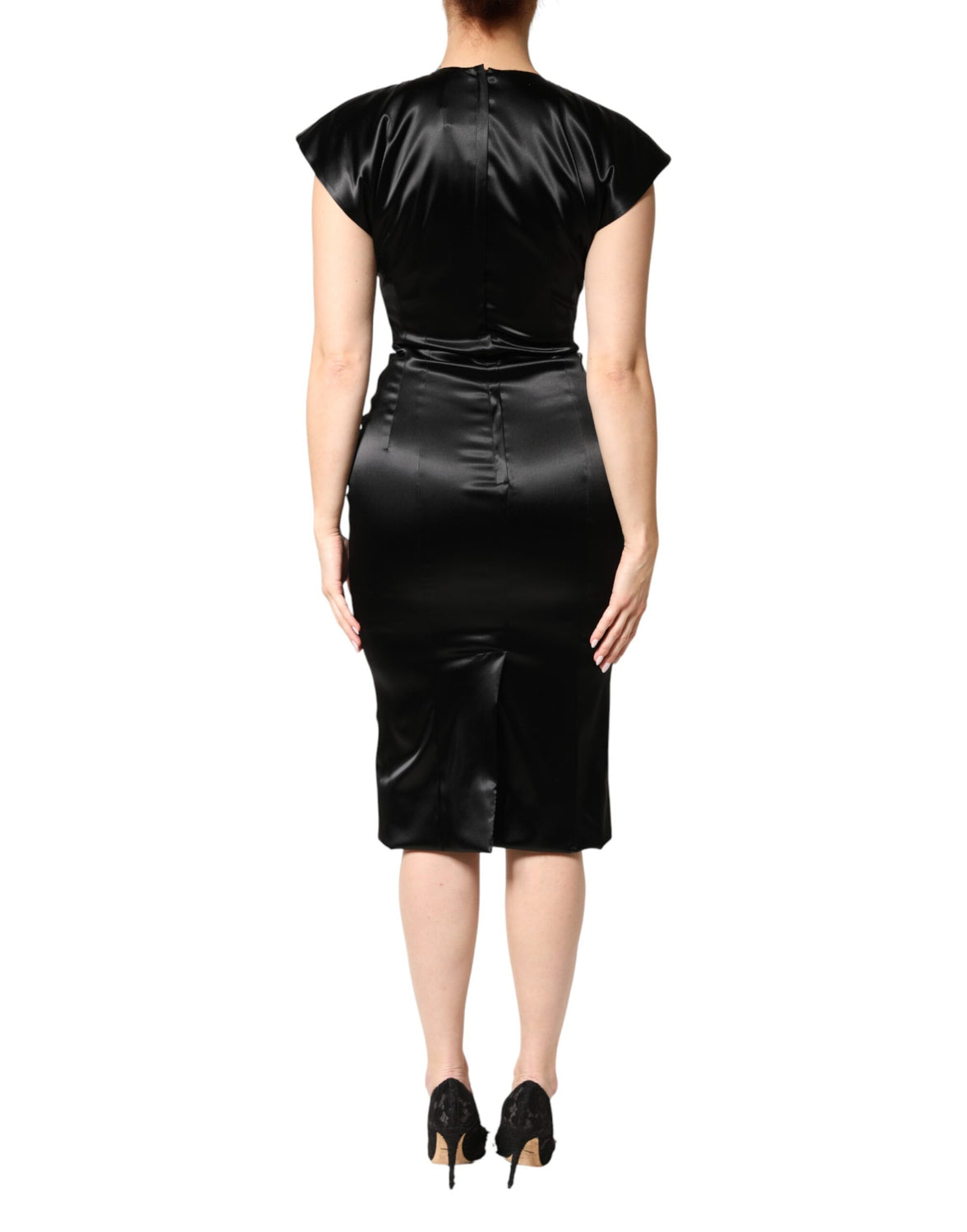 Black Satin Sheath Midi Cap Sleeves Dress