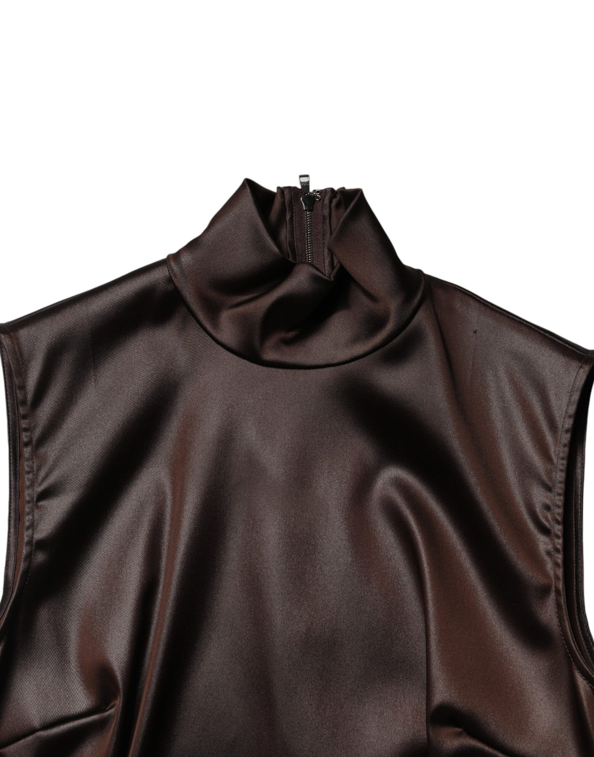 Brown Satin Sheath Midi SleeveLess Dress