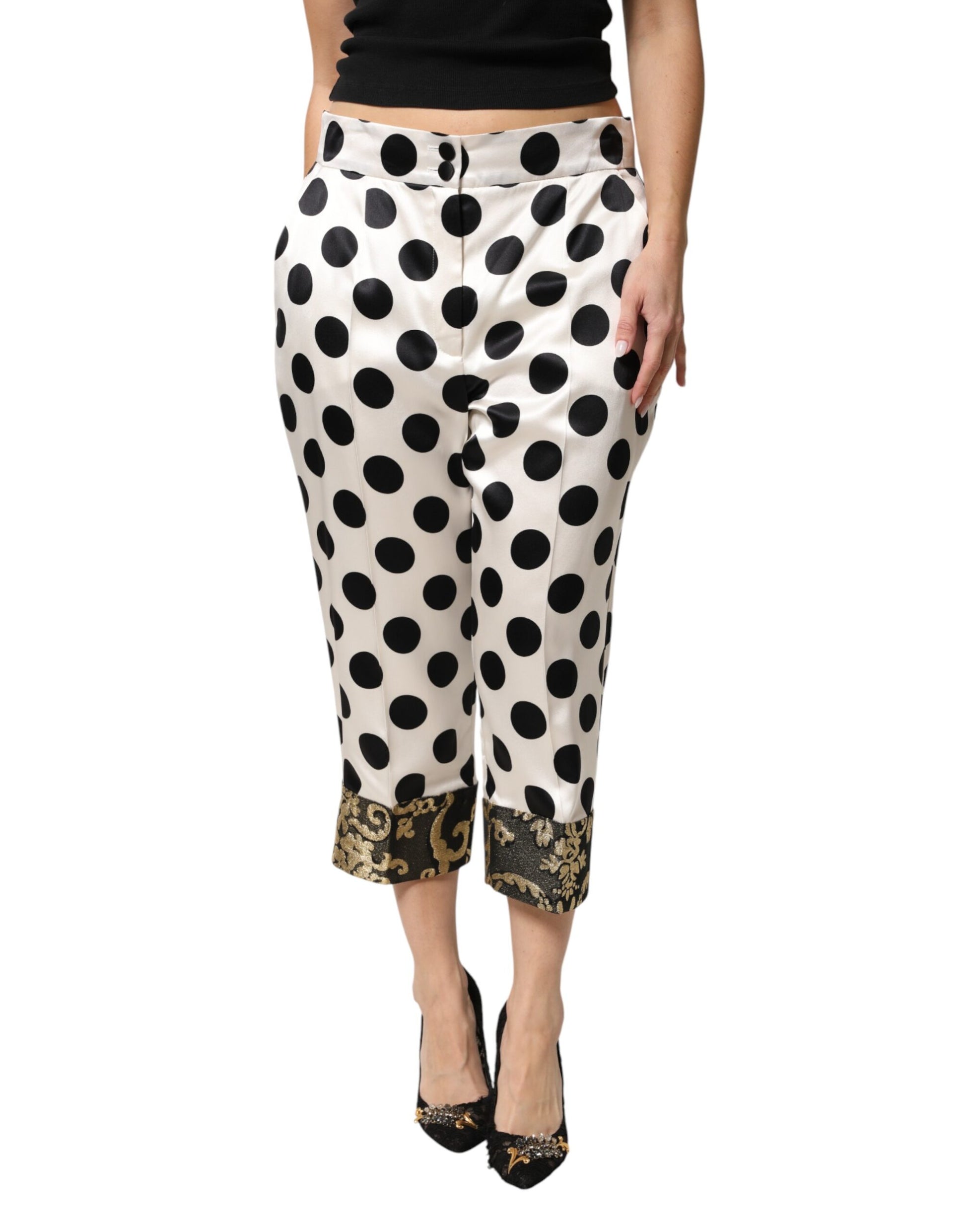 White Black Polka Dot Silk Mid Waist Cropped Pants