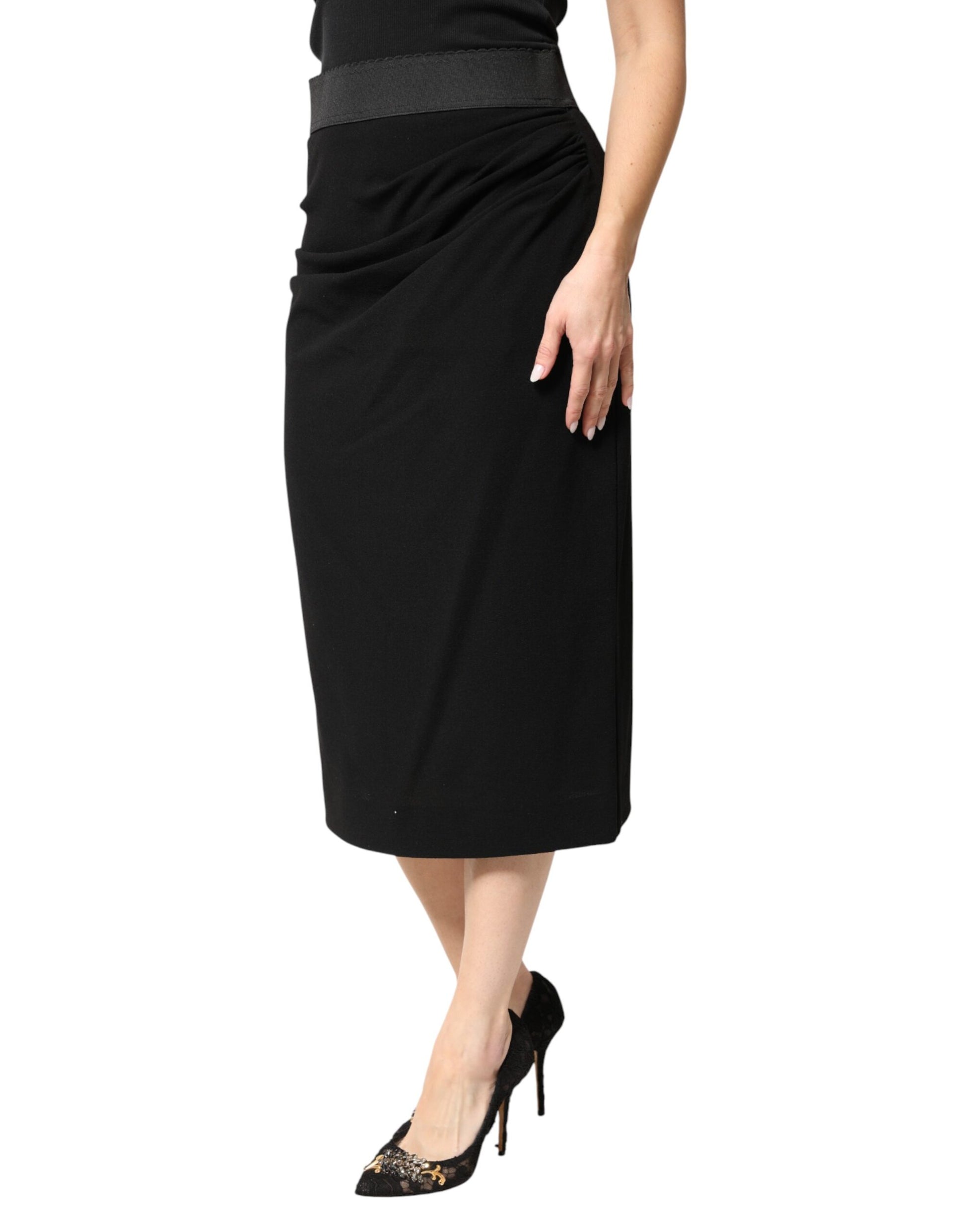 Black Wool High Waist Pencil Cut Midi Skirt