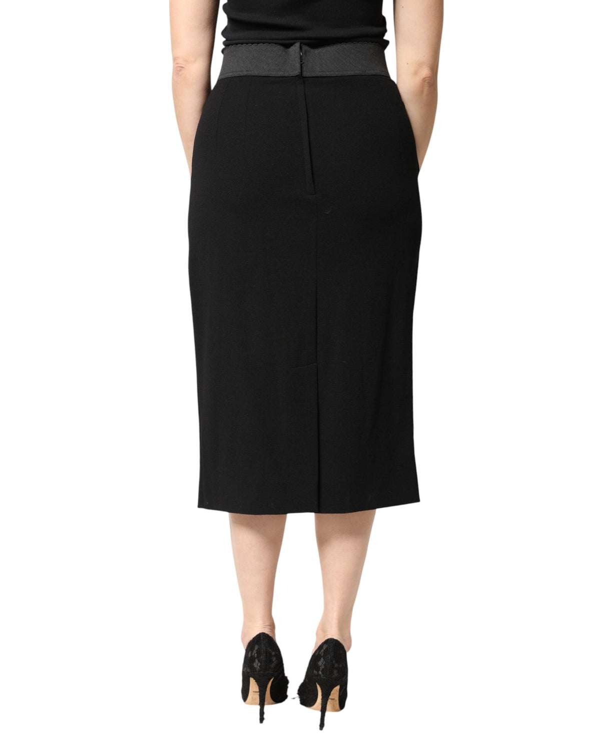 Black Wool High Waist Pencil Cut Midi Skirt