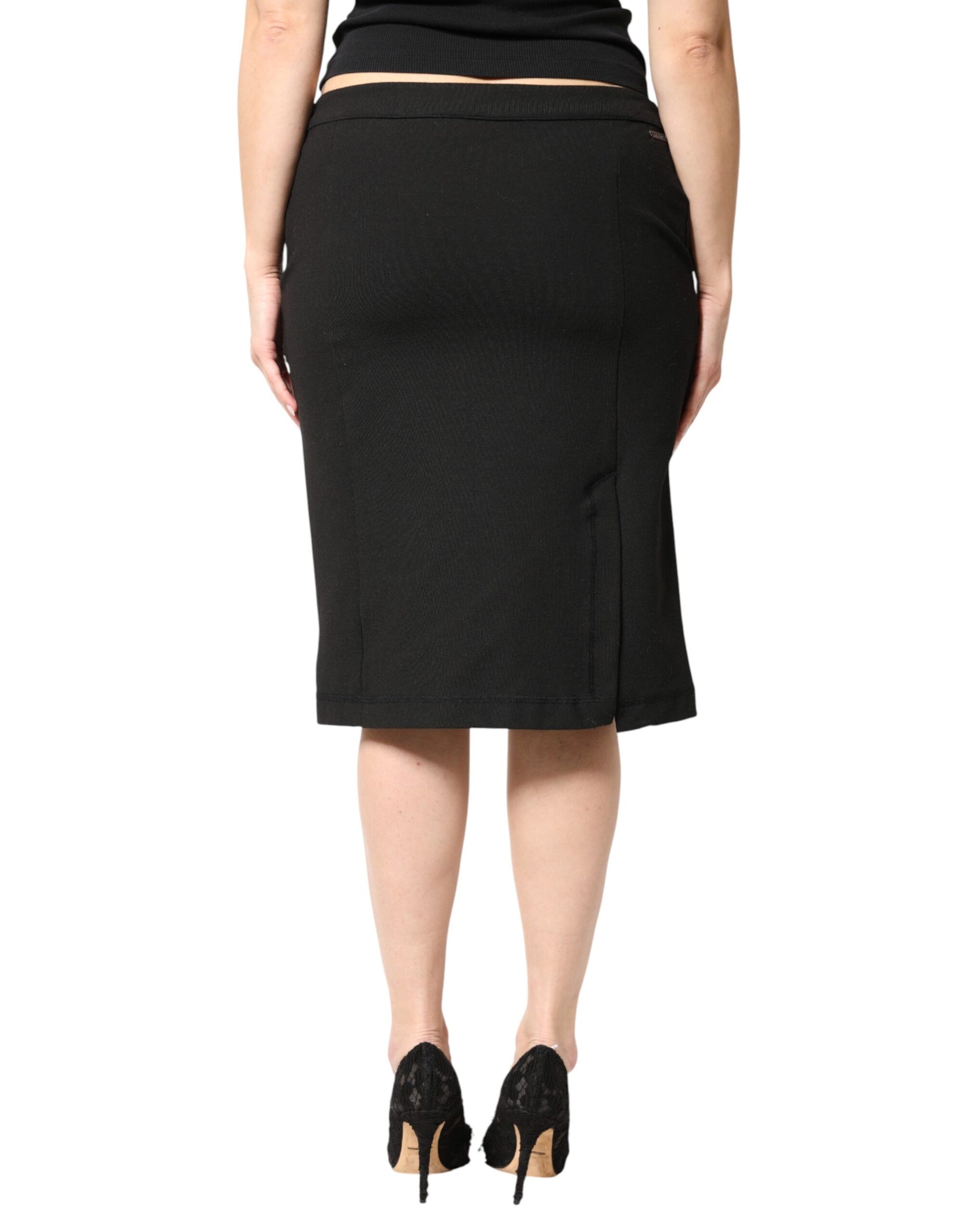 Black Polyester Pencil Cut Knee Length Women Skirt