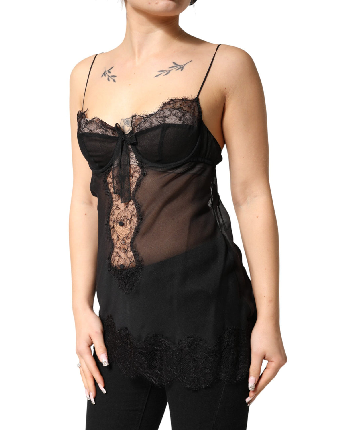 Black Silk Floral Lace Chemise Lingerie Top