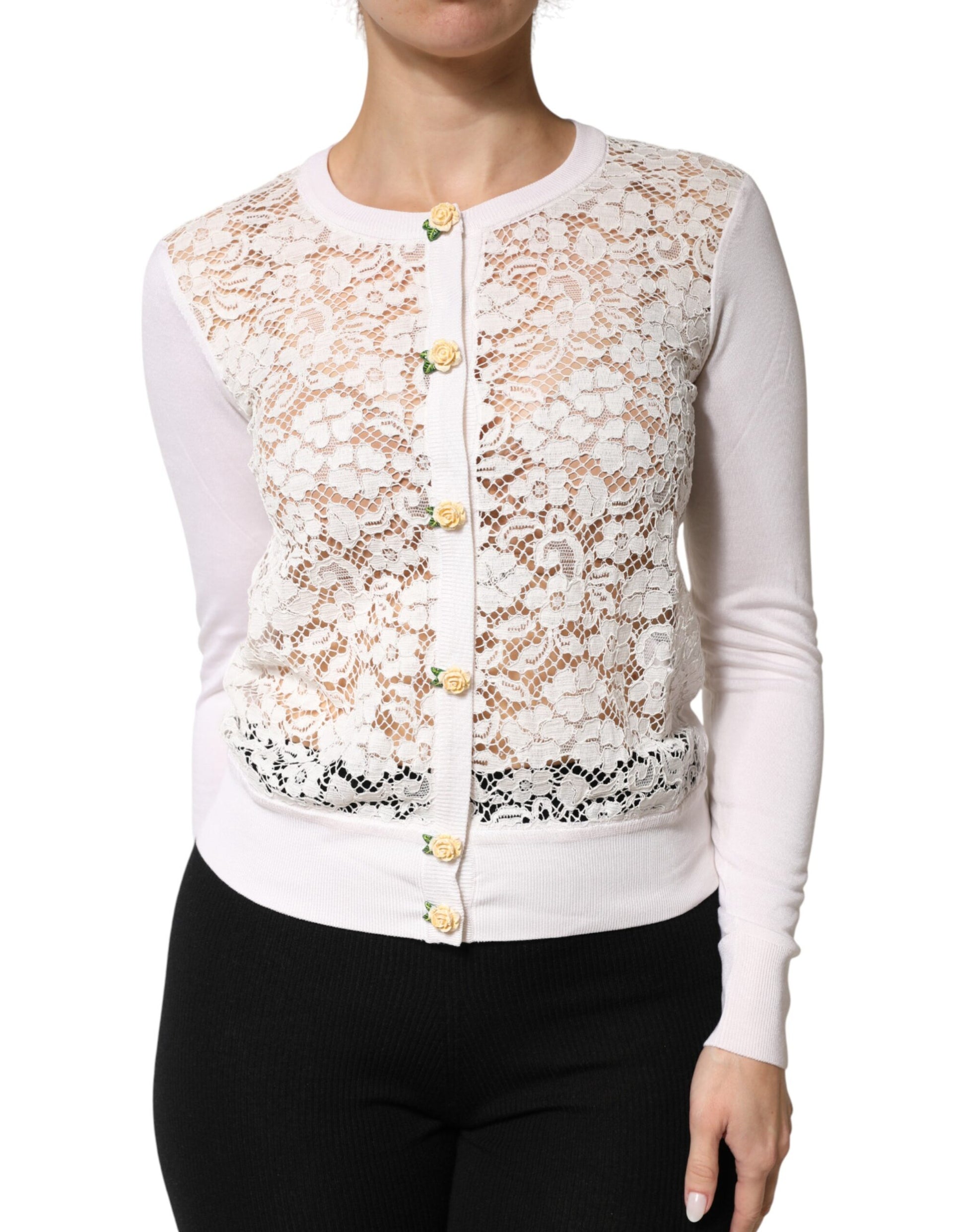 Cream Lace Knit Rose Button Cardigan Sweater