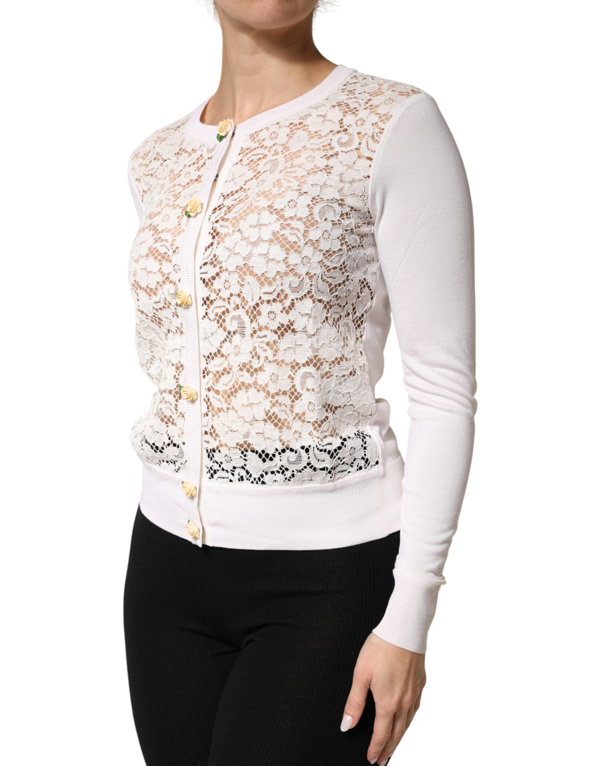 Cream Lace Knit Rose Button Cardigan Sweater