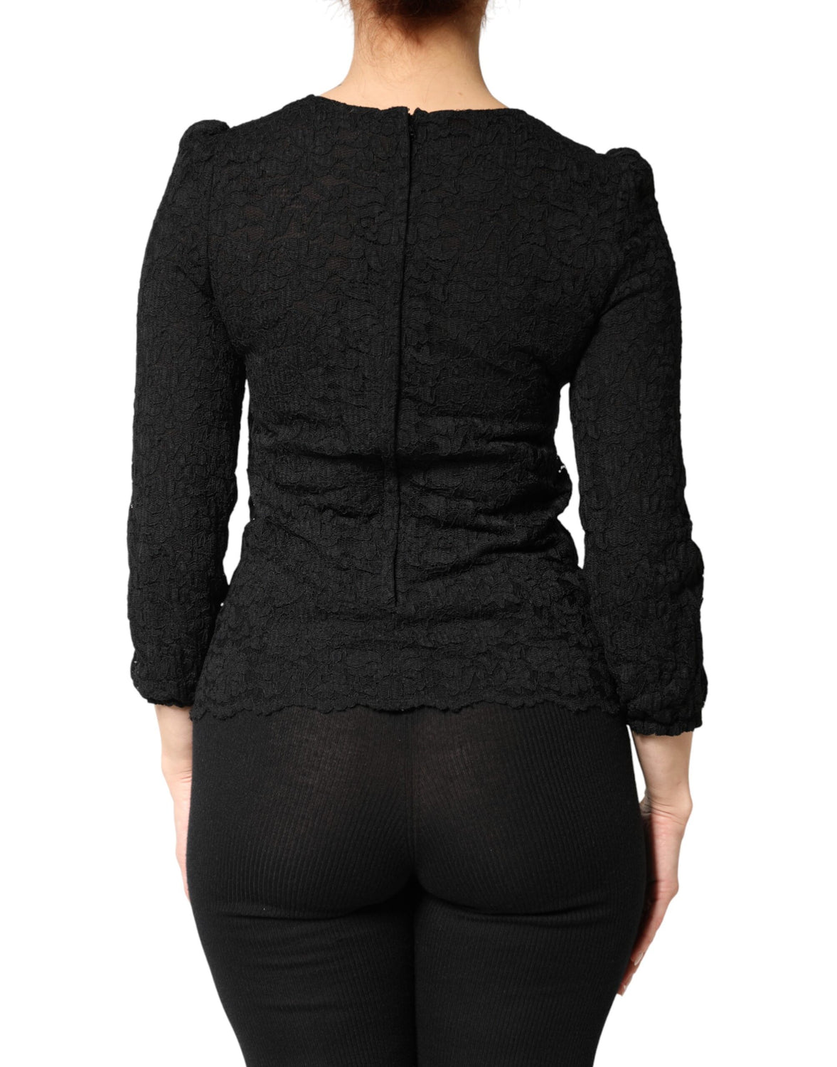 Black Floral Lace Silk Round Neck Blouse Top