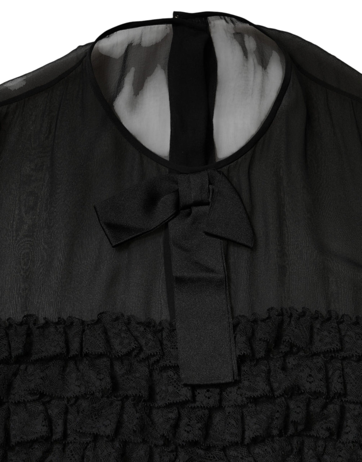 Black Silk Sheer Ruffle Tie-Neck Blouse Top