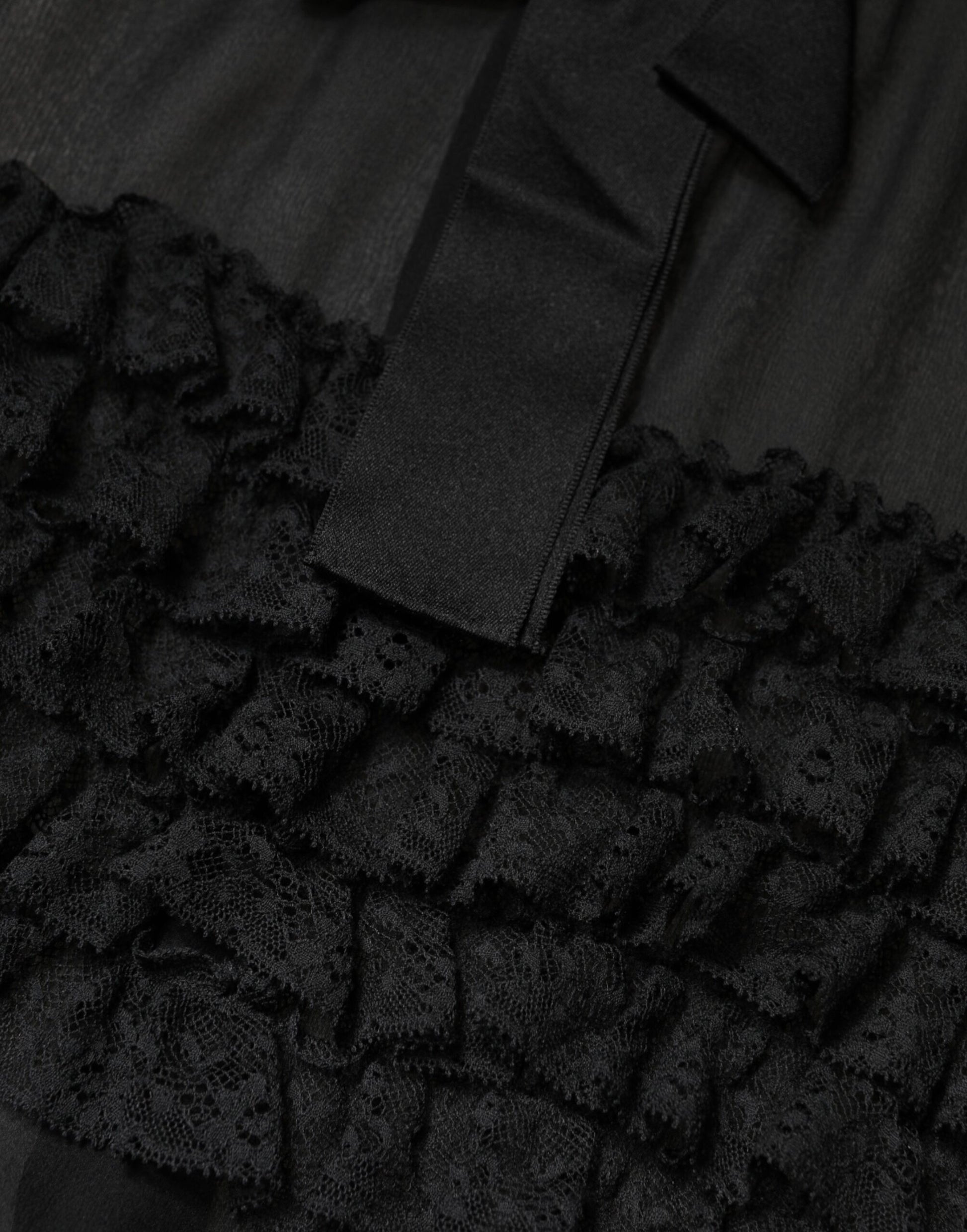 Black Silk Sheer Ruffle Tie-Neck Blouse Top