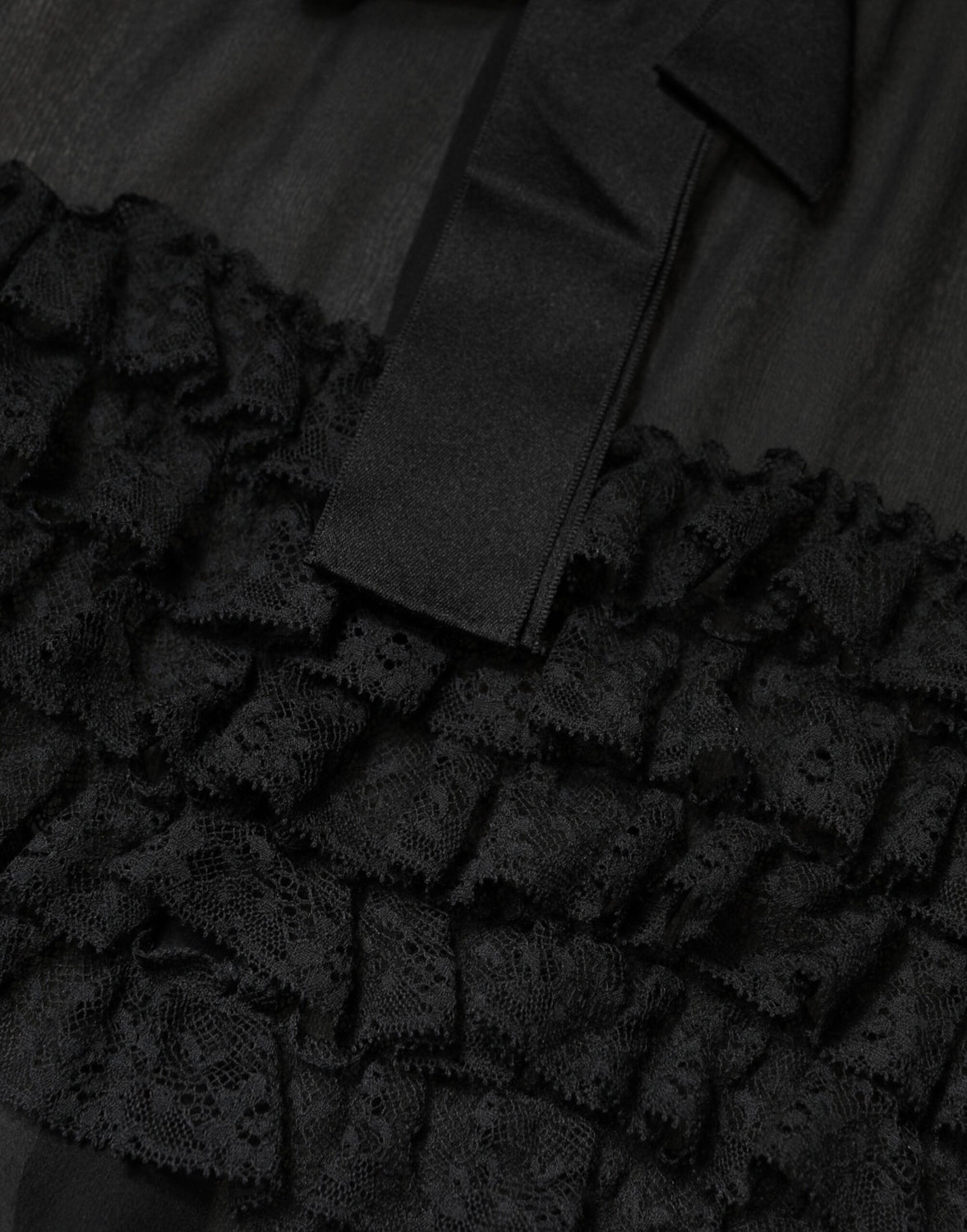 Black Silk Sheer Ruffle Tie-Neck Blouse Top