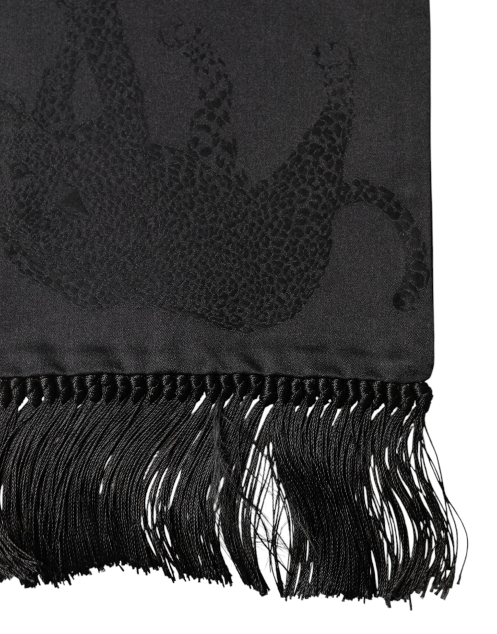 Black Satin Silk Fringes Neck Foulard Scarf