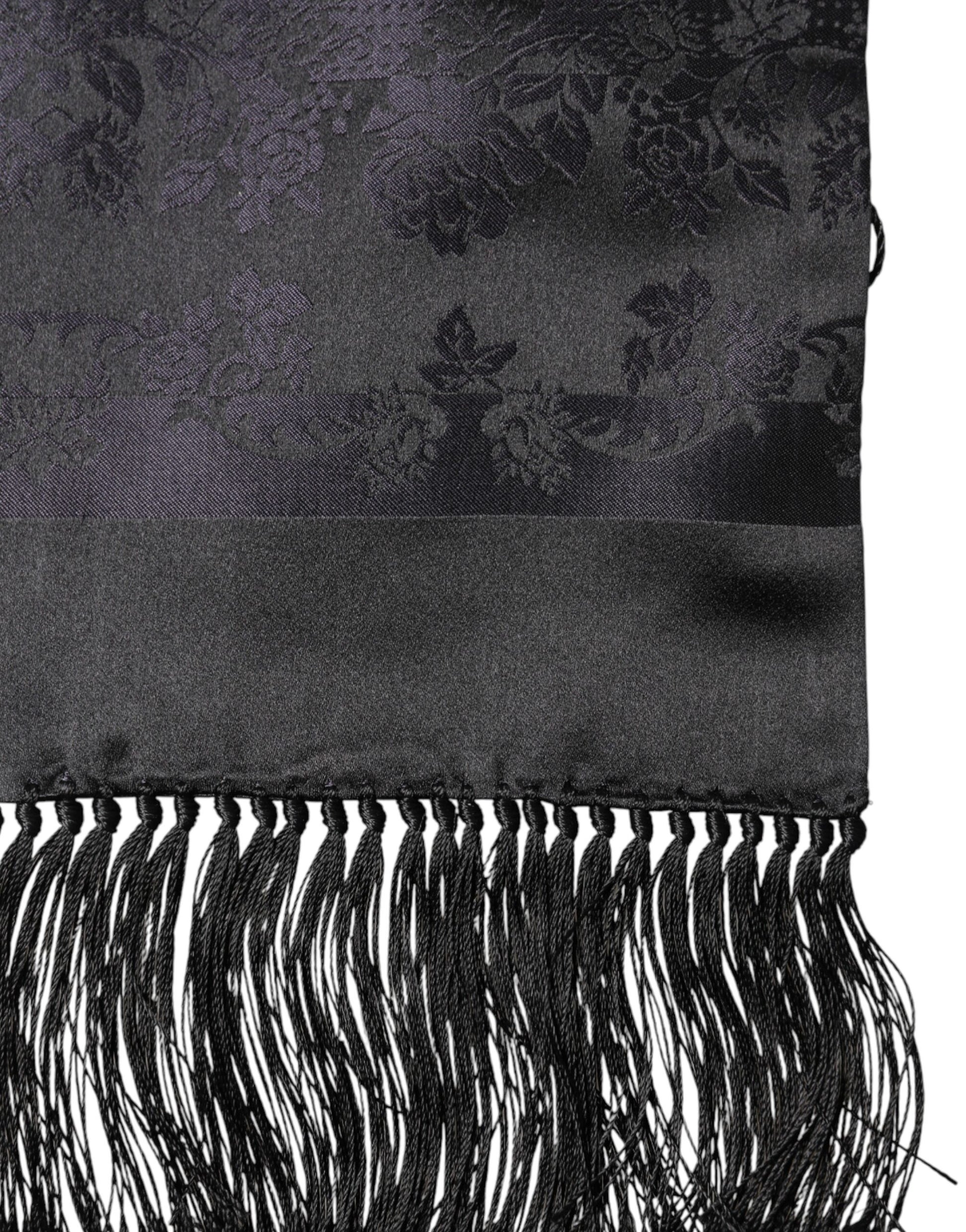 Black Satin Silk Fringes Neck Foulard Scarf