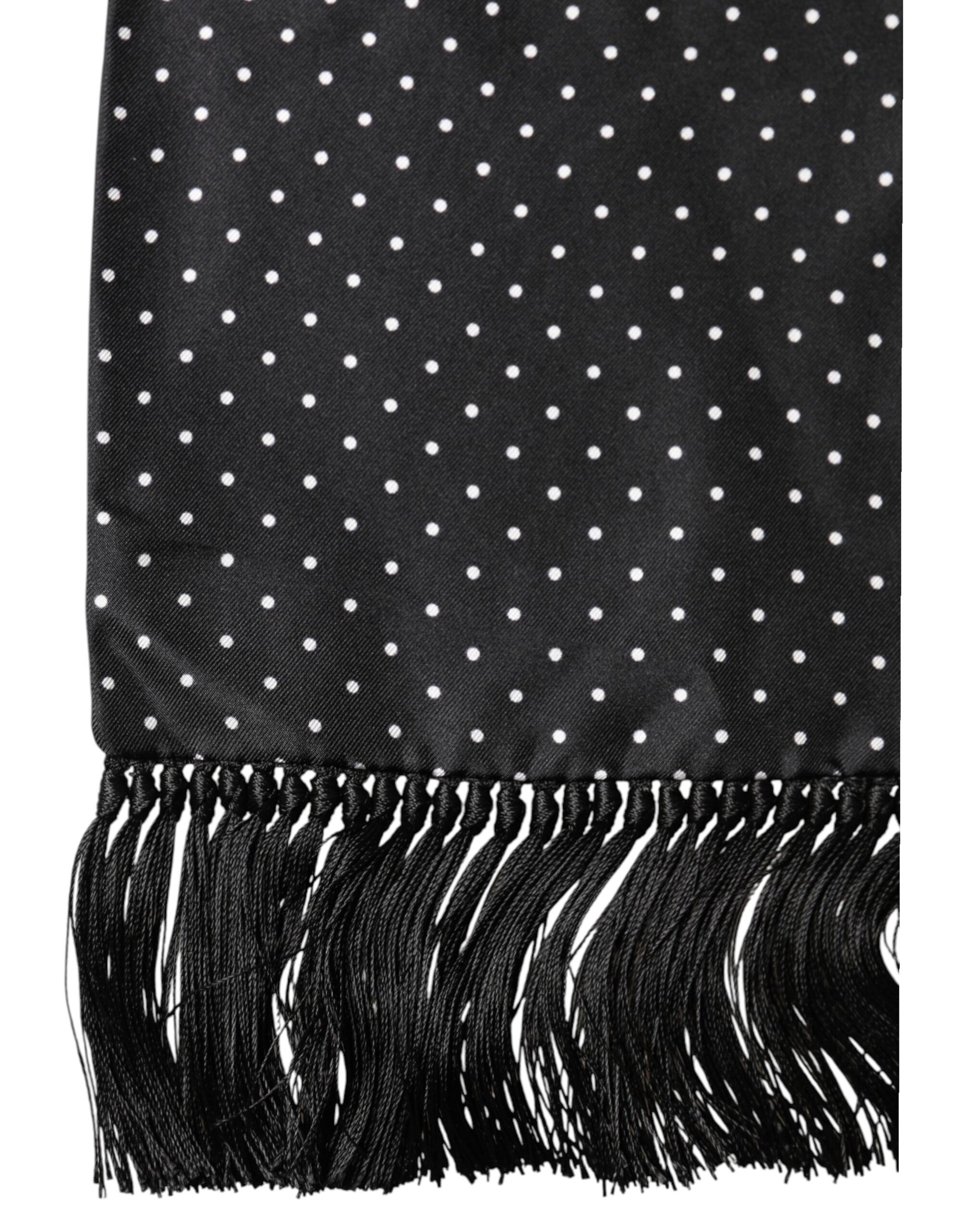 Black Polka Dot Fringes Silk Foulard 139cm x 14.5cm Scarf
