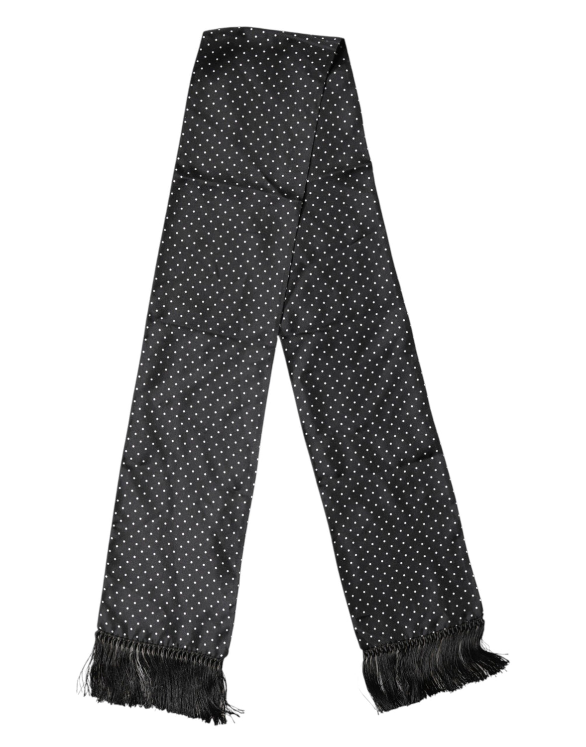 Black Polka Dot Fringes Silk Foulard 139cm x 14.5cm Scarf
