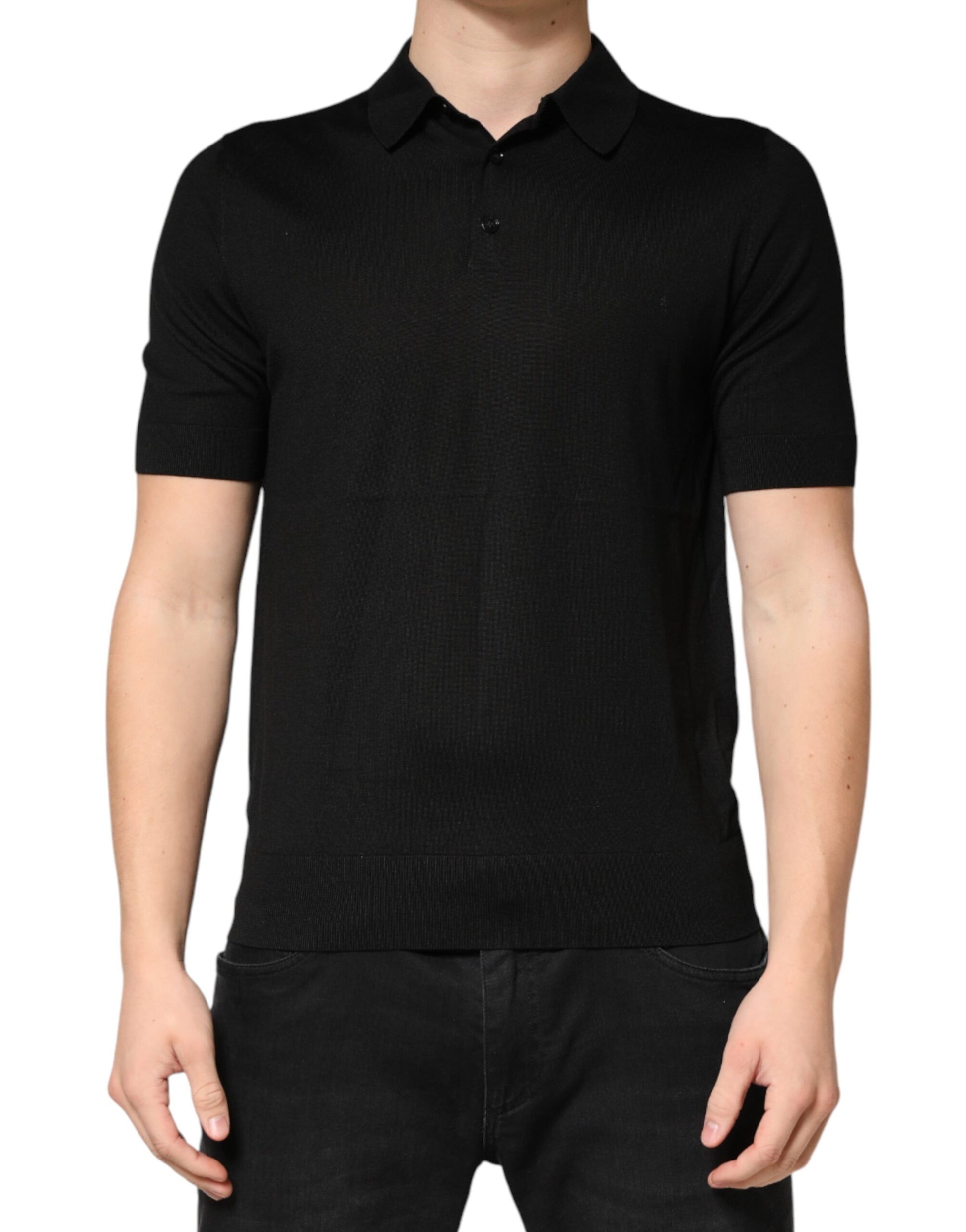 Black Silk Collared Short Sleeve Polo  T-shirt