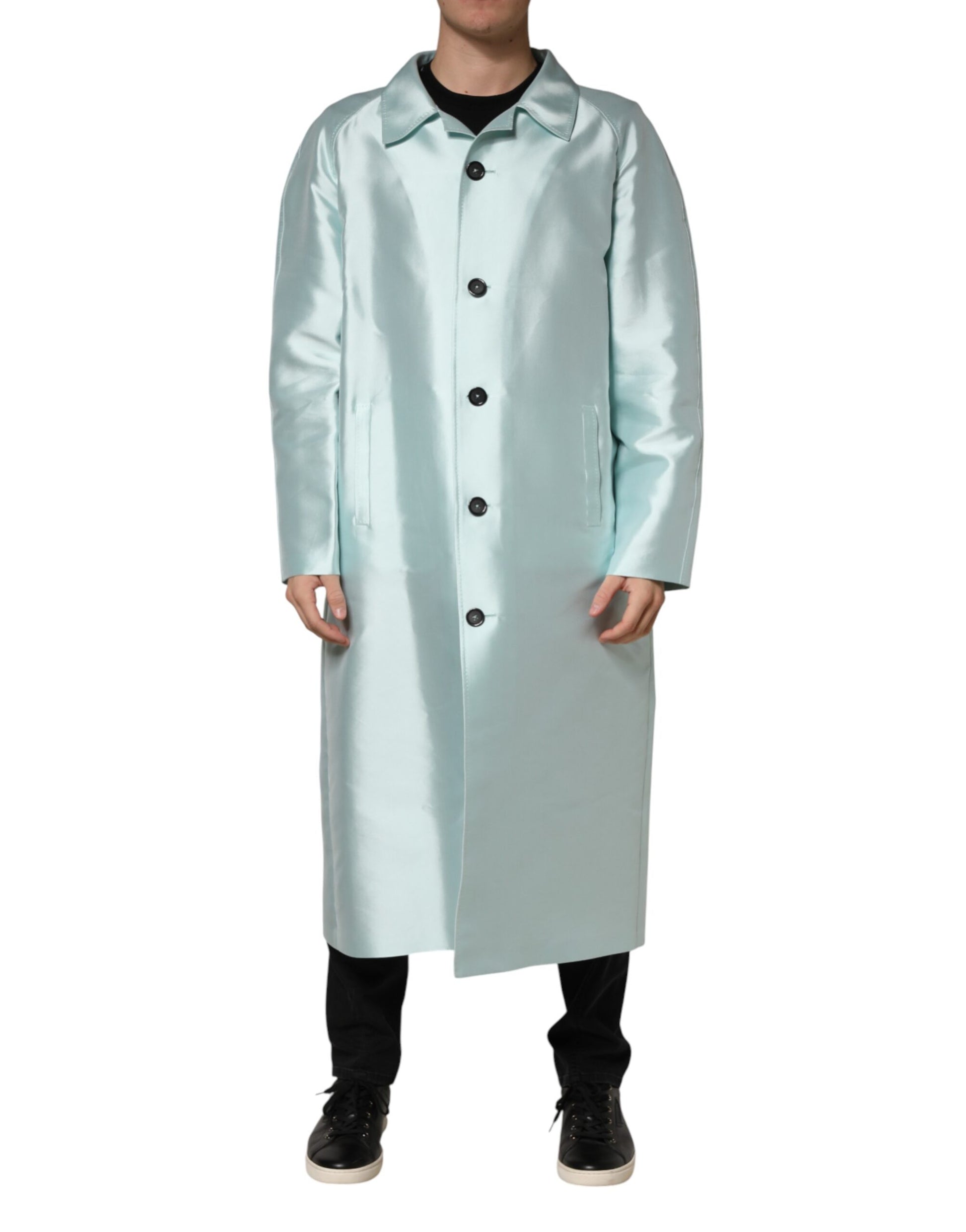Teal Satin Collared Long Trench Coat Jacket