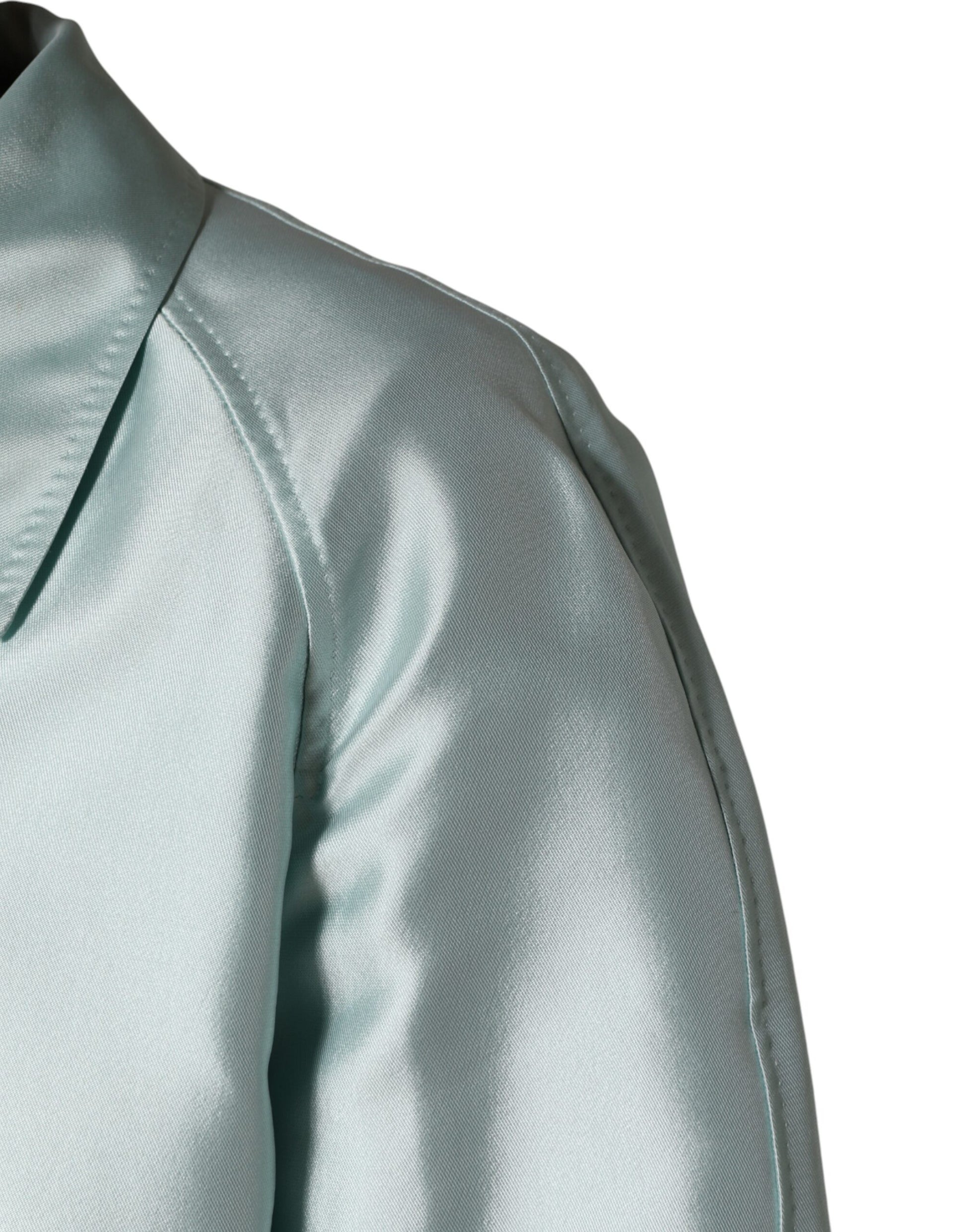 Teal Satin Collared Long Trench Coat Jacket