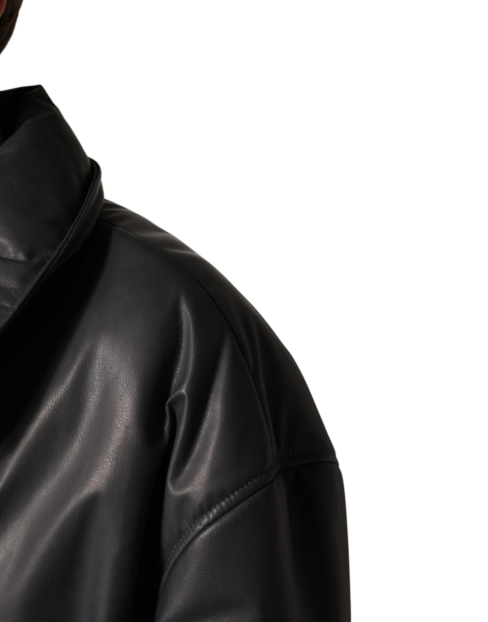Black Leather Collared Trench Coat Jacket